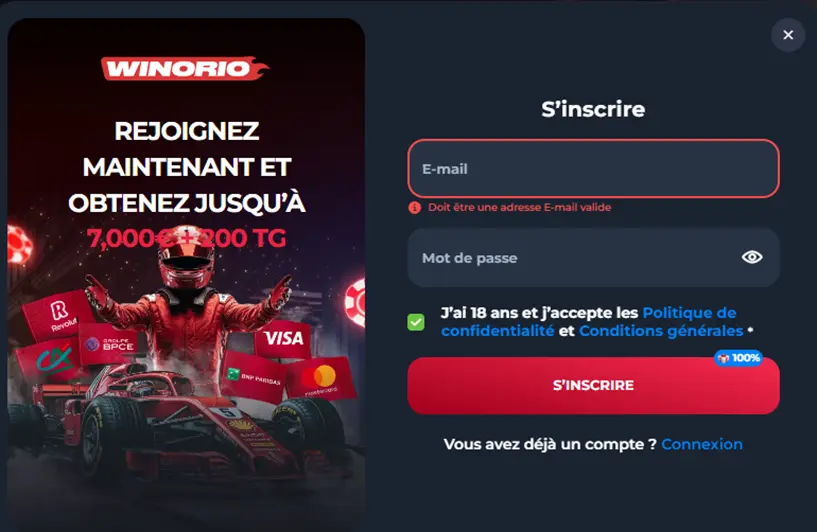 S'inscrire sur le casino Winorio