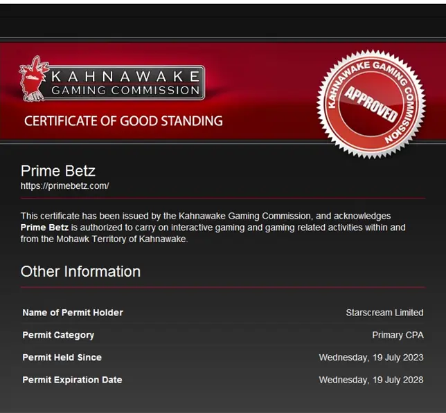 Prime Betz licence Kahnawake Gaming Commission
