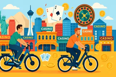Illustration colorée représentant un marathon de joueurs visitant des casinos, avec symboles de jeux, jetons, vélos et ambiance Las Vegas.
