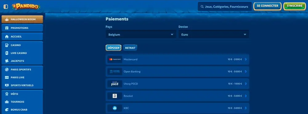 Les modes de paiement dépôt et retrait de Pandido Casino