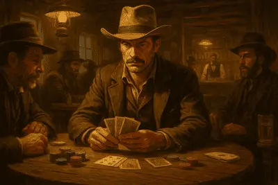 Scène de poker vintage dans un saloon western, ambiance tamisée et joueurs concentrés.