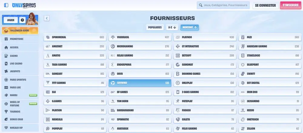 Les fournisseurs sur Only Spins casino