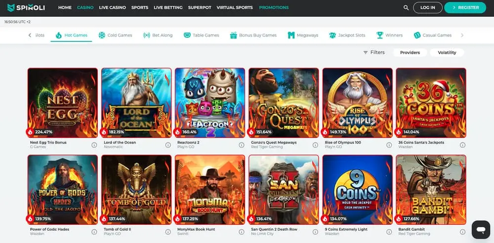 Jeux de casino sur Spinoli