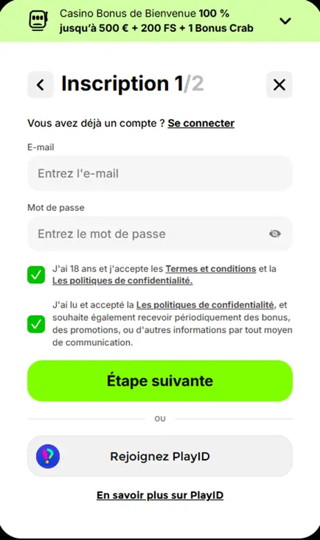 Spinit Casino formulaire d'inscription