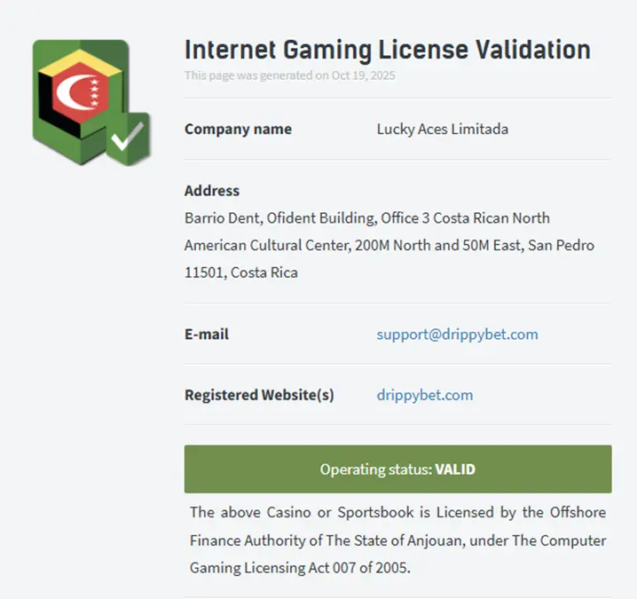 Licence d'exploitation Anjouan de Drippy Bet