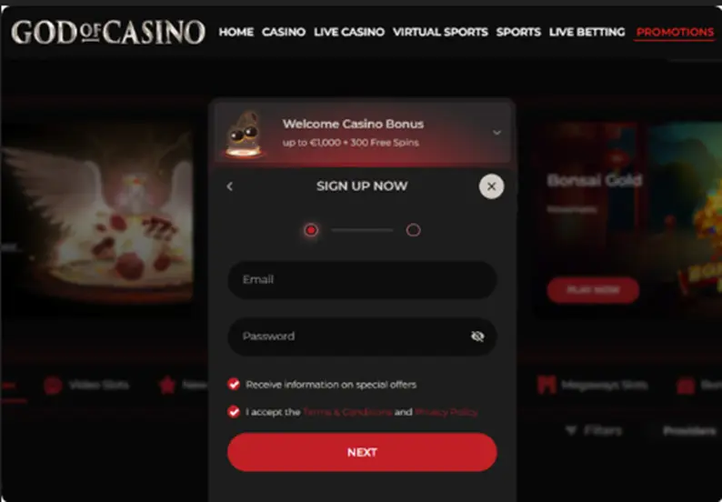 S'inscrire sur God of Casino