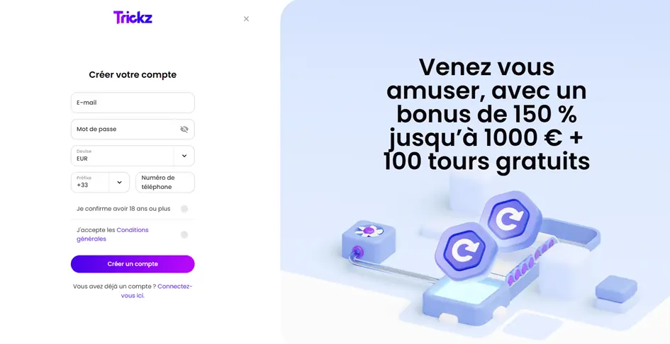 S'inscrire sur le casino Trickz
