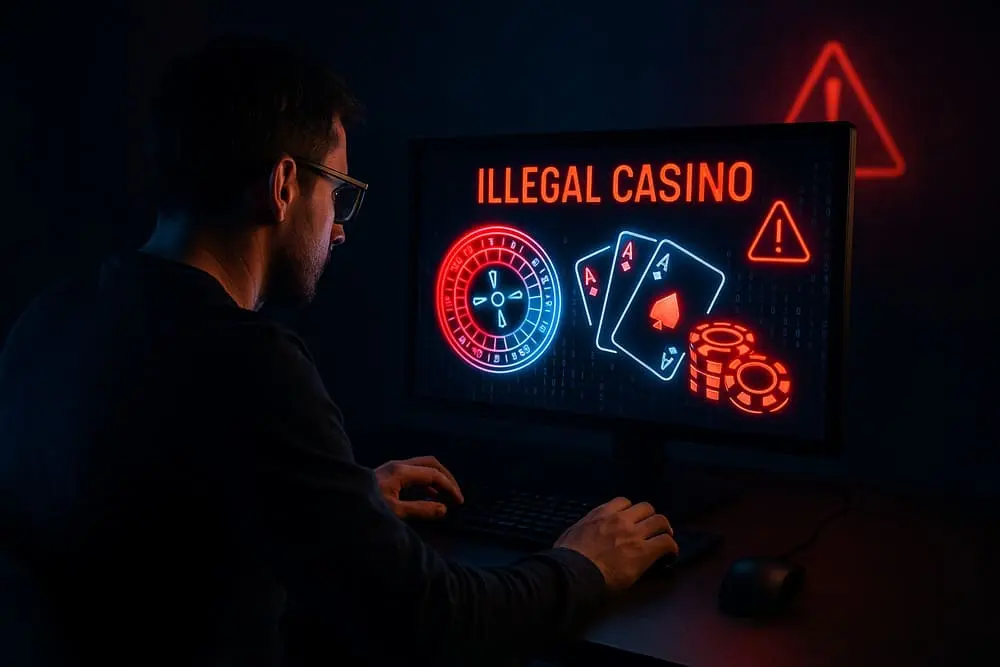 Joueur devant un ordinateur affichant des symboles de casino illégaux, ambiance sombre et cybersécurité.