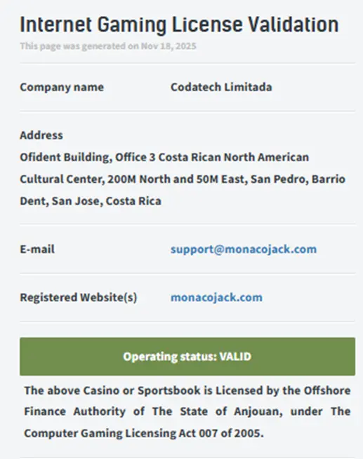 Licence de casino Monacojack