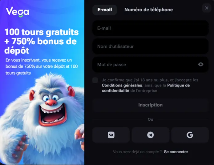 s'inscrire chez Vega.bet casino