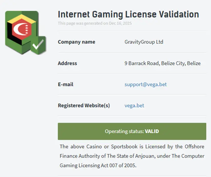 Vega.Bet licence Anjouan