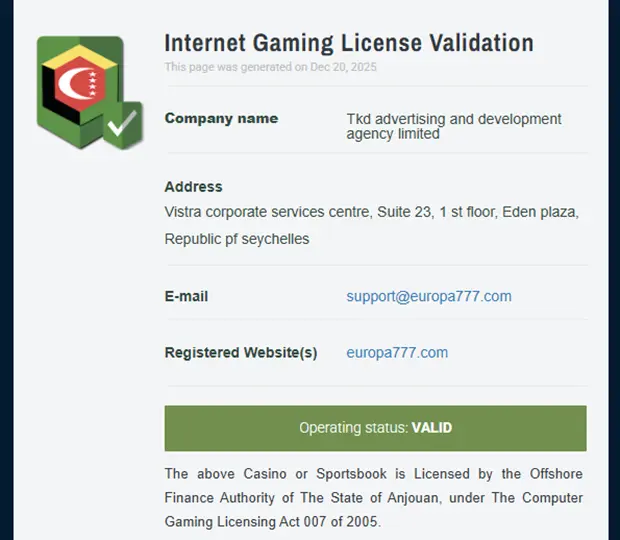 Europa777 Casino licence Anjouan
