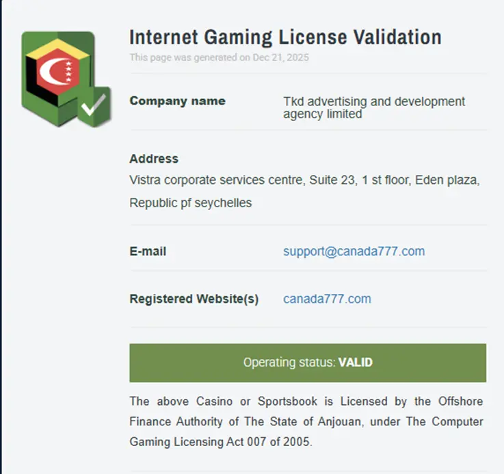 Canada777 sous licence casino Anjouan