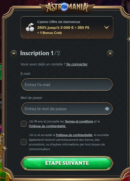 Astromania Casino connexion et inscription