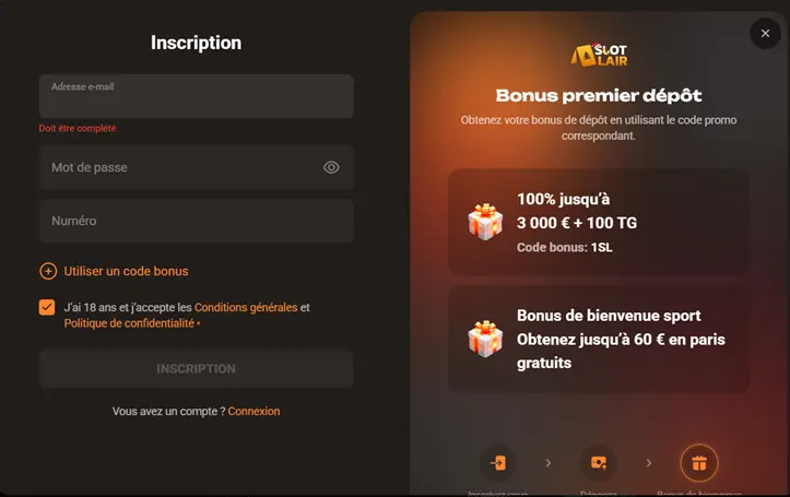 s'inscrire sur Slotlair
