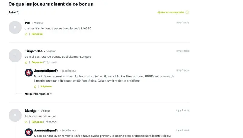 Avis joueurs sur le bonus