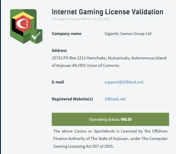 Licence d'exploitation de casino 10Black