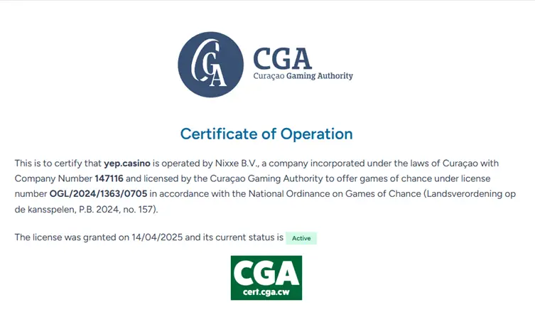 Licence de casino en line YEP