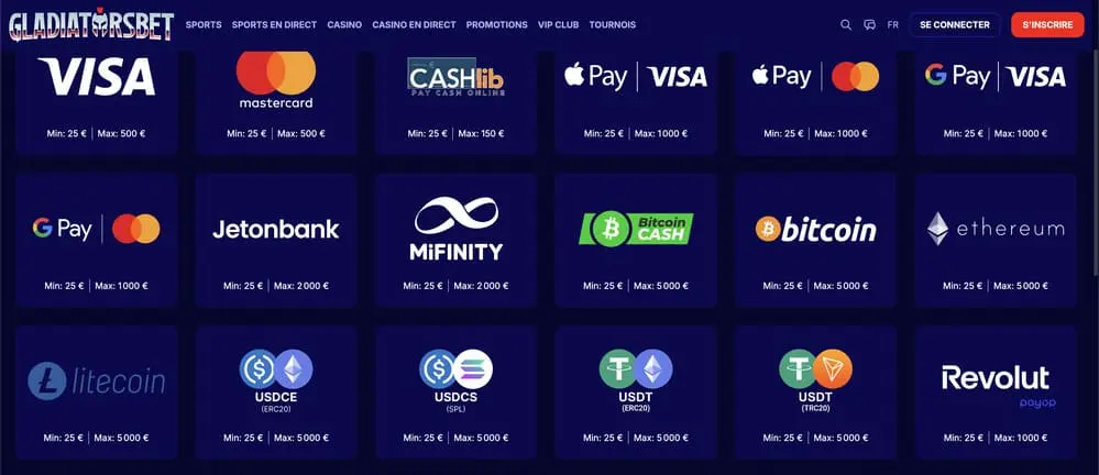 Les moyens de paiements sur GladiatorsBet