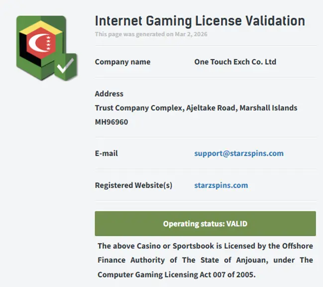 Licence de casino en ligne Starz Spins