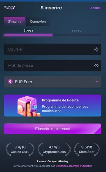 BravoPlay inscription et login